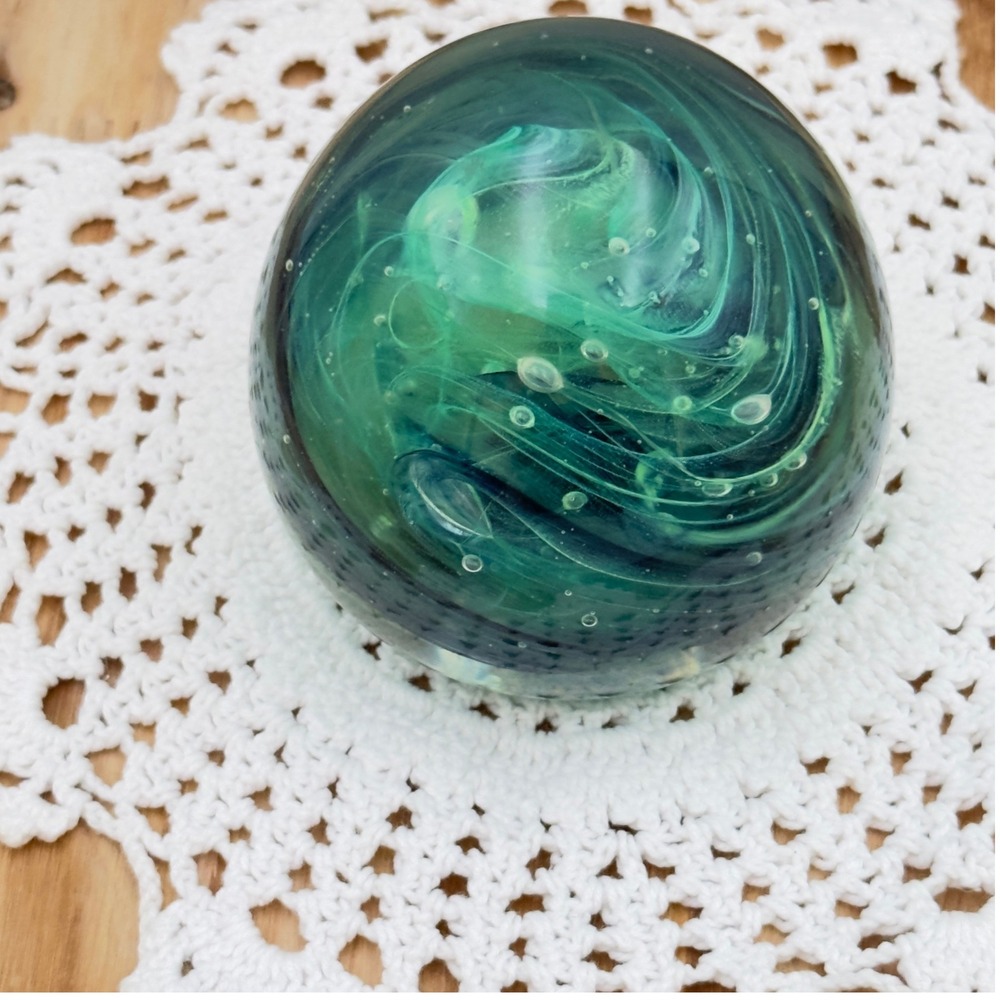Round Art Glass Paperweight Green Teal Swirl Controlled Bubble Egg Orb 3" Decor - Picture 2 of 13